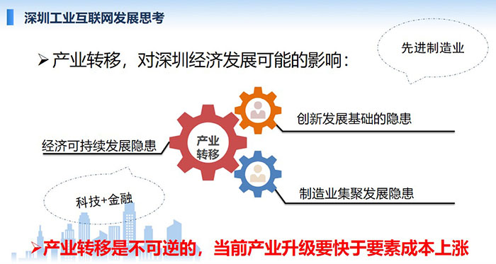 產業轉移，對深圳經濟發展可能的影響：創新發展基礎的隱患、經濟可持續發展隱患、制造業集聚發展隱患；產業轉移是不可逆的， 當前產業升級要快于要素成本上漲